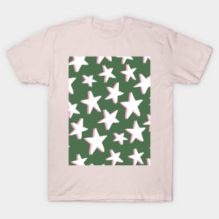 White, Pink and Green Stars Pattern T-Shirt